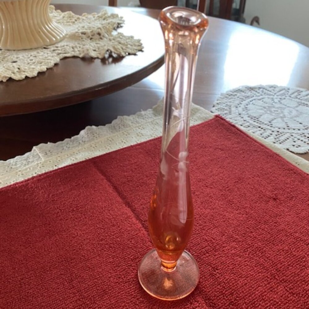Vintage * Peachy PINK DEPRESSION Swung ETCHED Pedestal BUD VASE * Art Deco